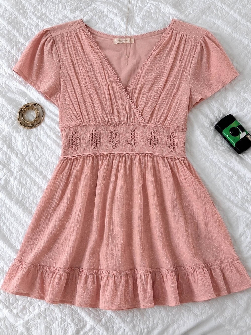 Altar’d State Pink Swiss Dot Boho Mini Dress XS Babydoll Lace Trim dress